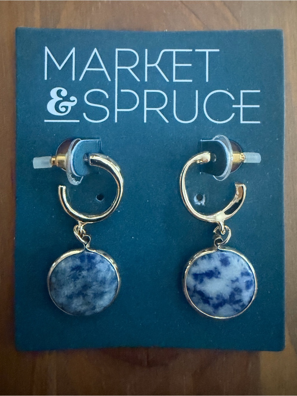 Market & Spruce Gold Hoop Earrings with Blue Marbled Stone Discs